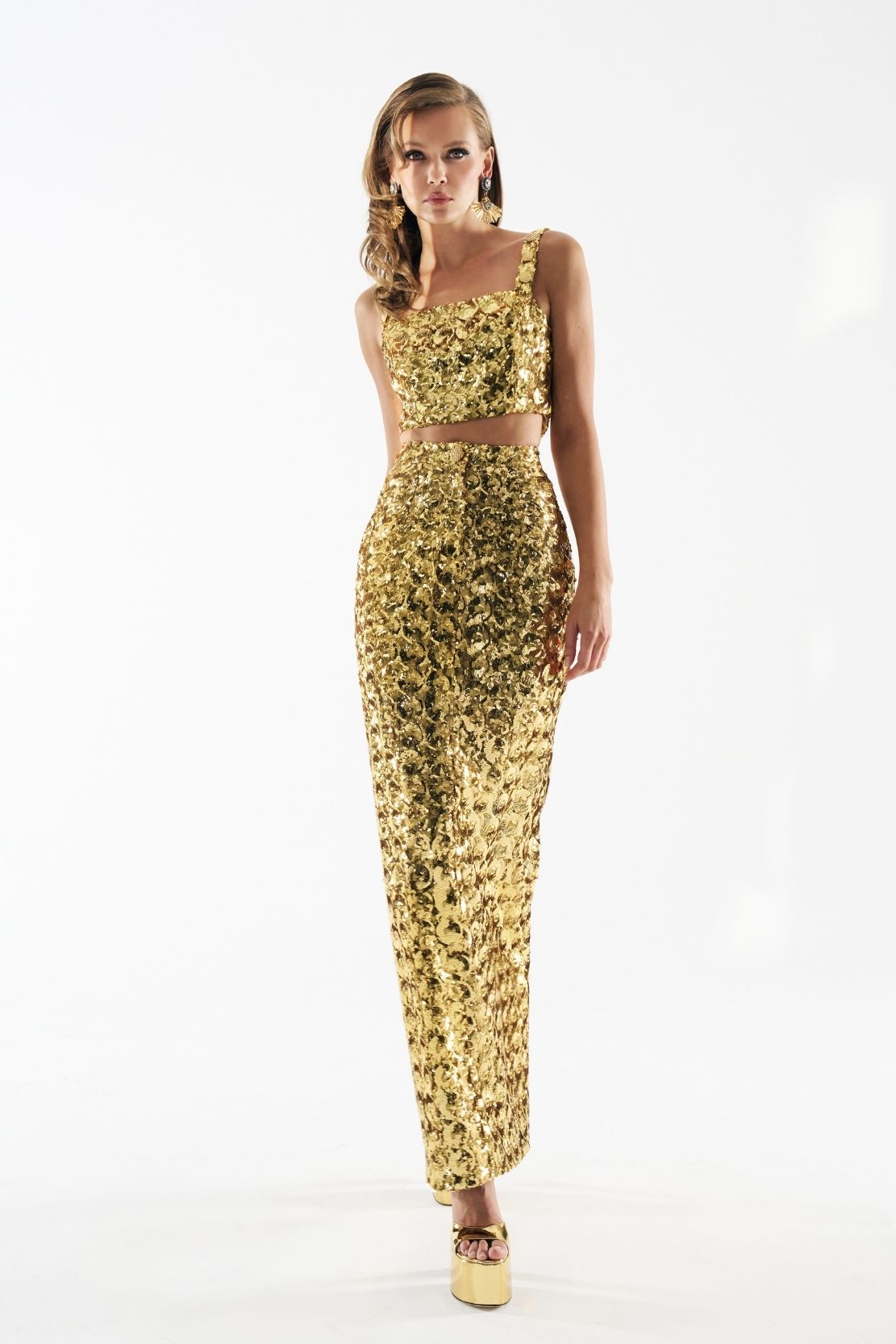 green emerald velvet dress Gold Sequin Long Sleeve Bodycon Dress, M main image 1