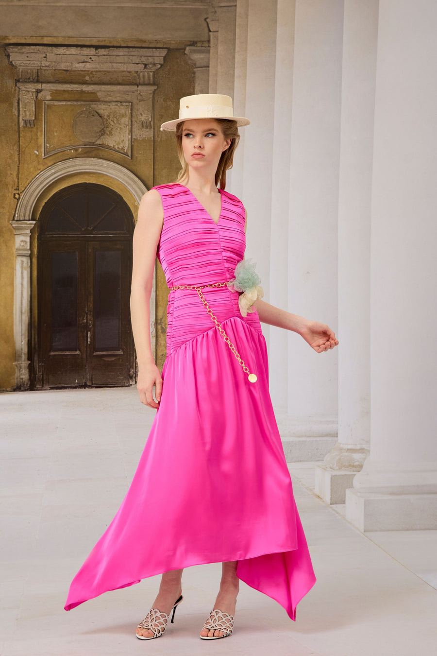 Fuşya Drape Detaylı Elbise