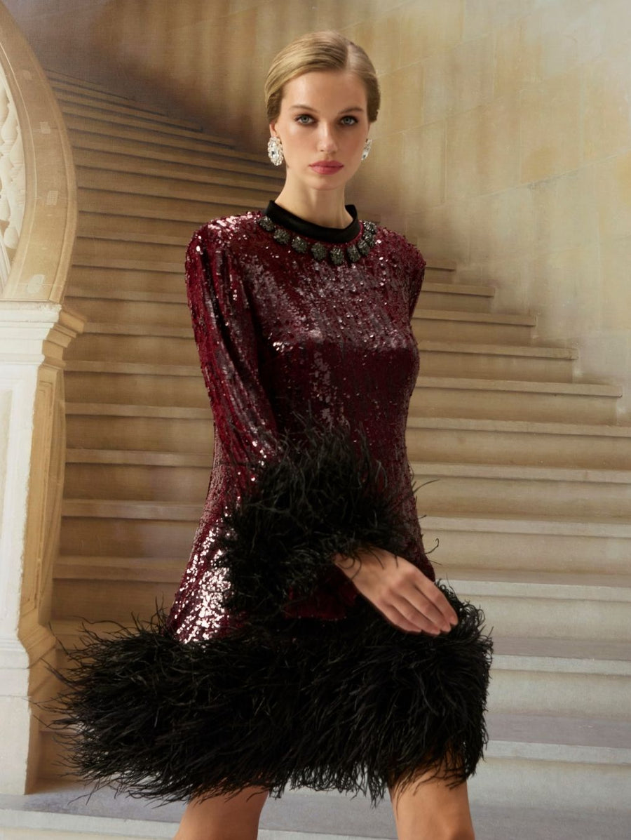 Burgundy Sequin Feather Dress