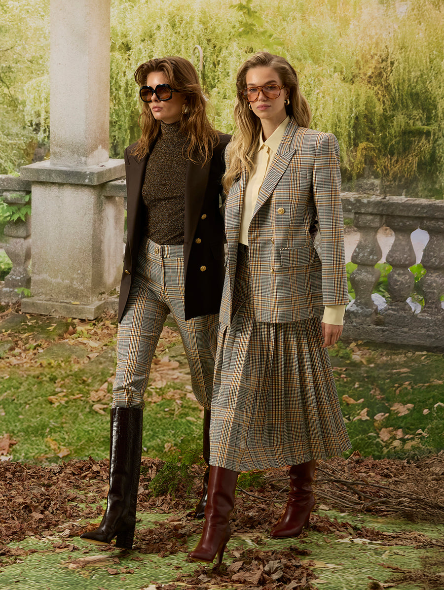 Brown Checkered Pleated Skirt