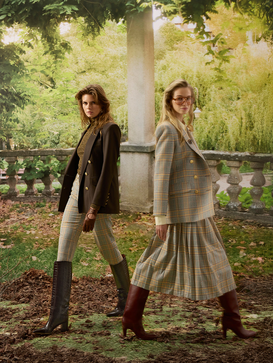 Brown Checkered Pleated Skirt