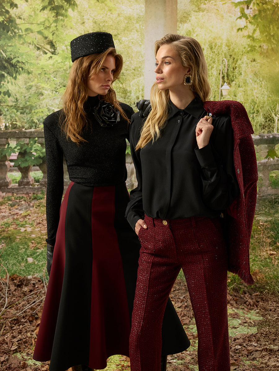 Burgundy Black Paneled Crepe Skirt