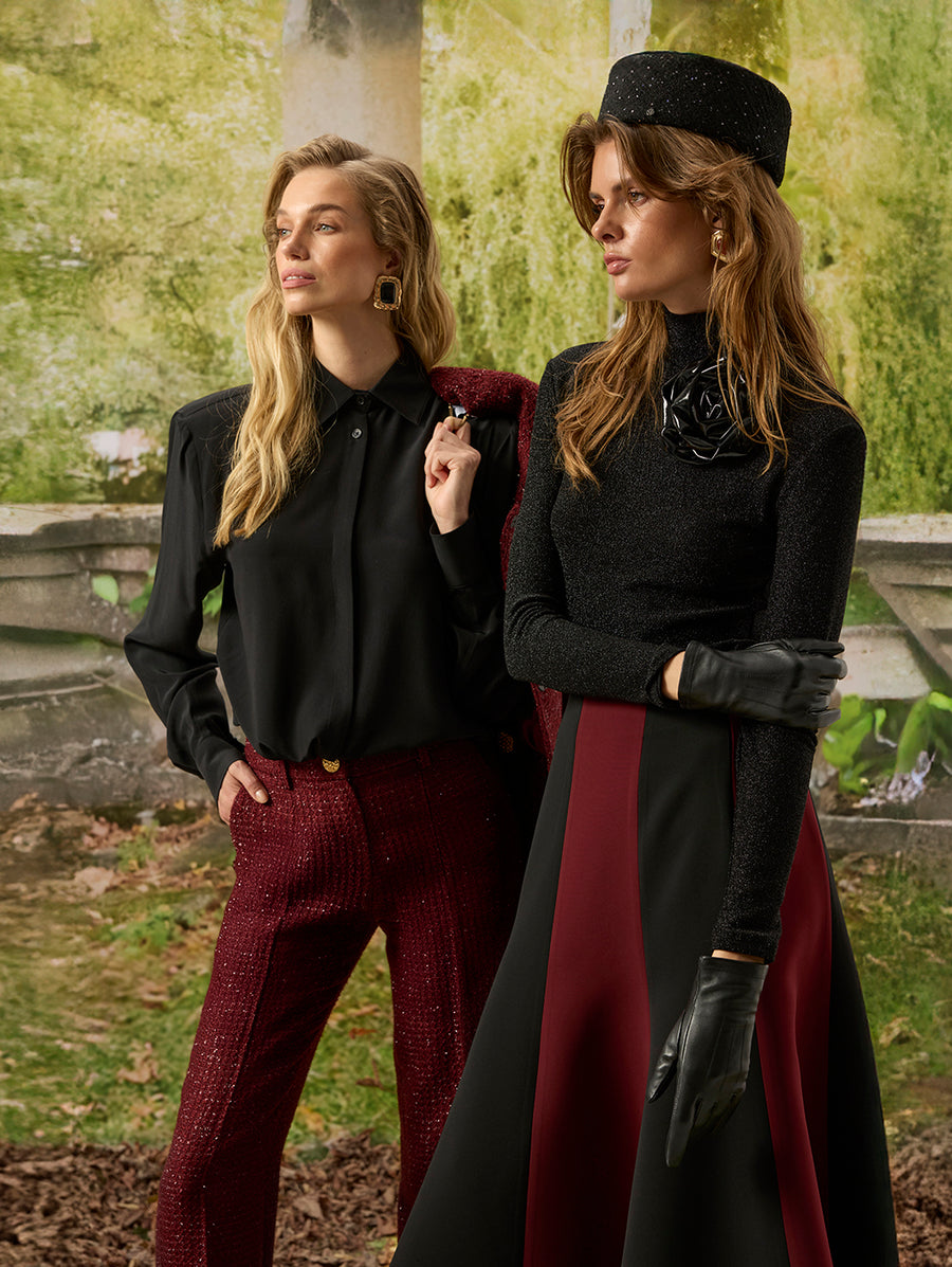 Burgundy Black Paneled Crepe Skirt