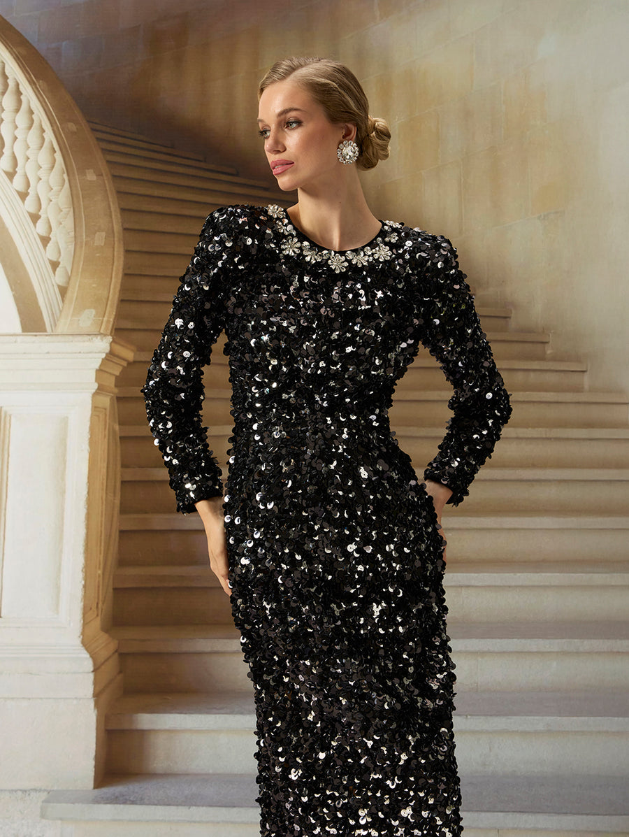 Black Silver Sequin Long Dress