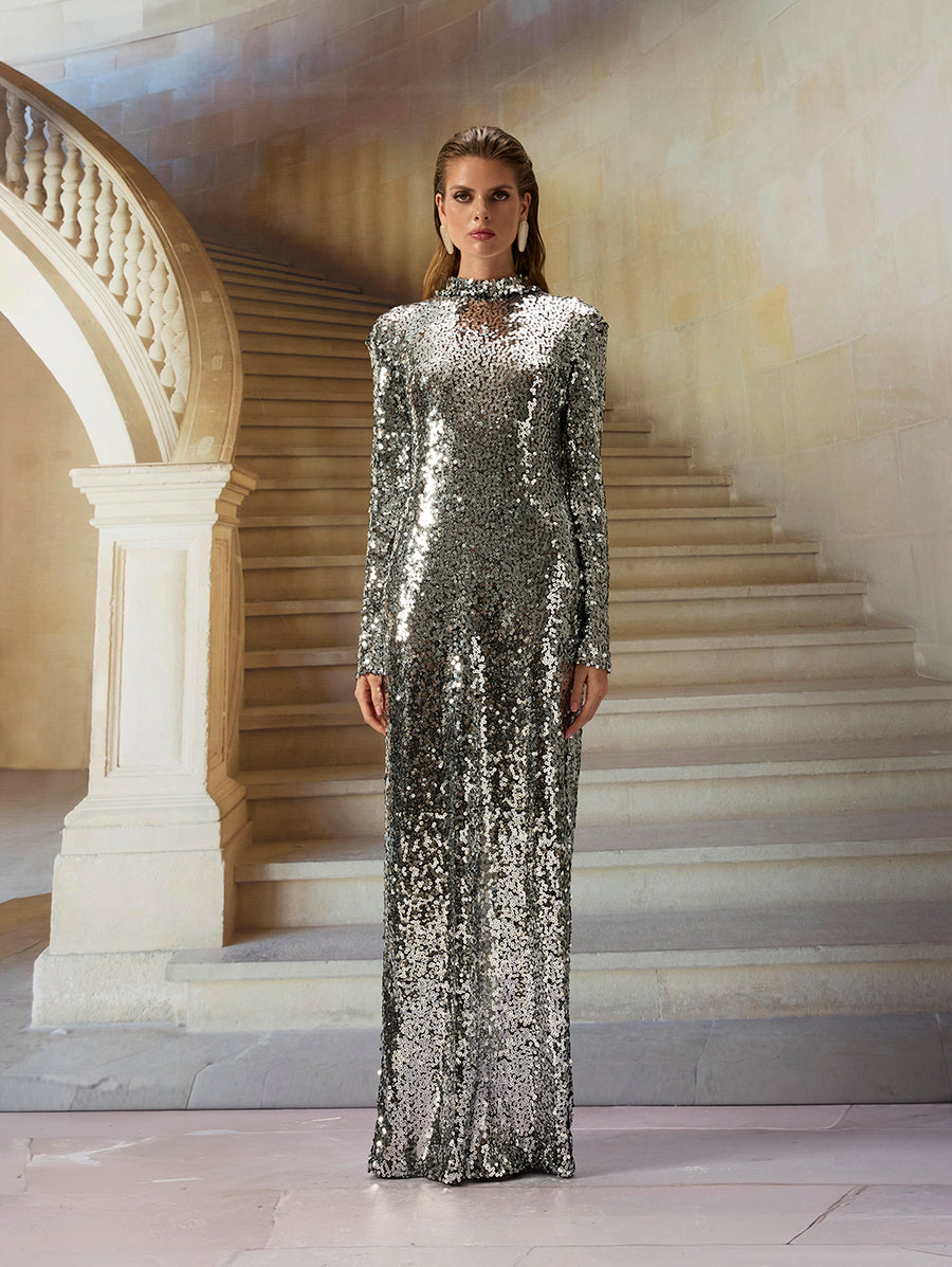 Silver Sequin Long Dress
