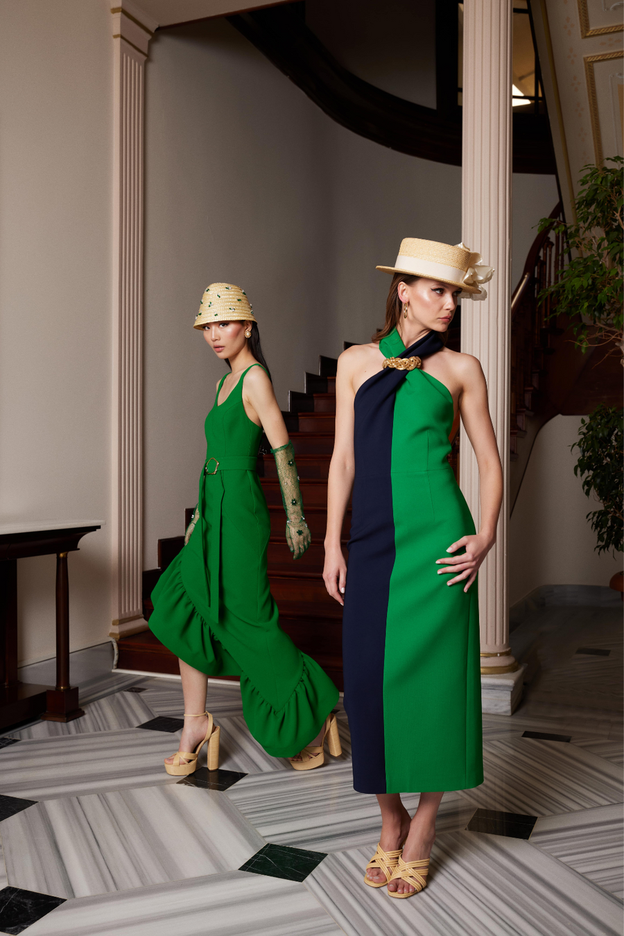 Navy blue top and green dress