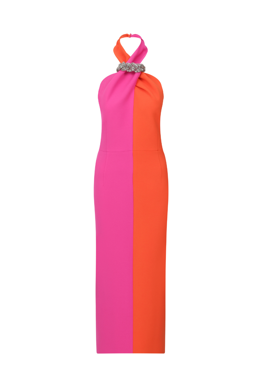 karen millen pink and orange dress Karen Millen Compact Stretch Colour Block Tailored Halter Neck Midi Dress in Hot Pink