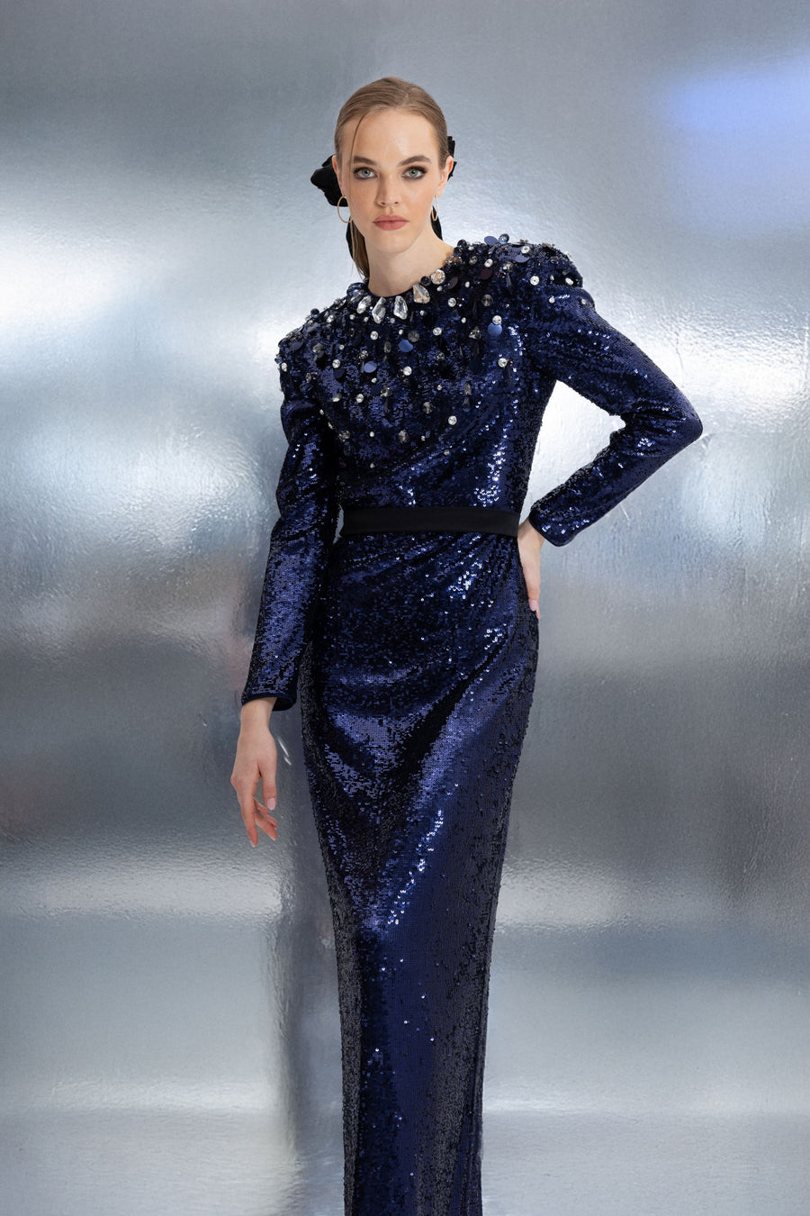 Navy Sequin Long Dress