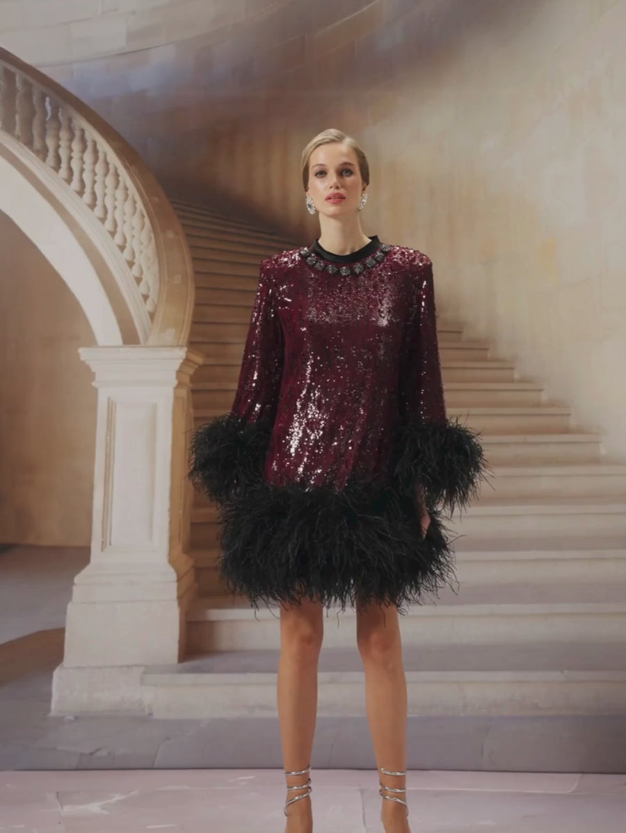 Burgundy Sequin Feather Dress
